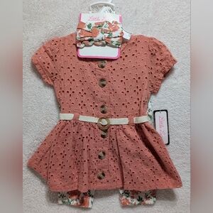 NWT Little Lass Girls 18 Month Coral Top 2 Piece Set Floral Pants Hair Bow